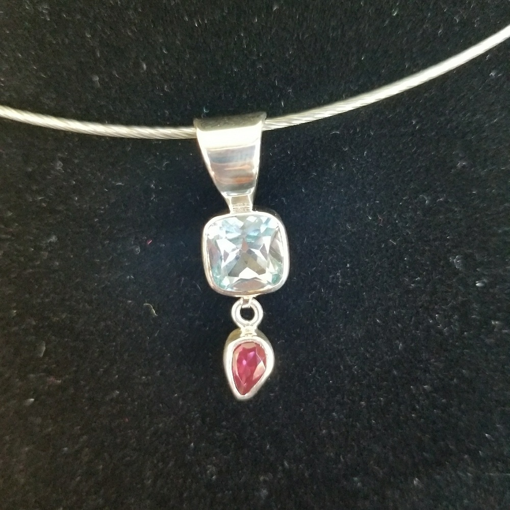 Vintage Sterling Silver Aquamarine/Ruby Pendant